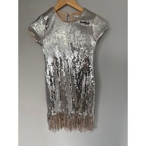 Stella 88 Girls Silver Sequin Fringe Dress Short Sleeve Party Occasion Size M